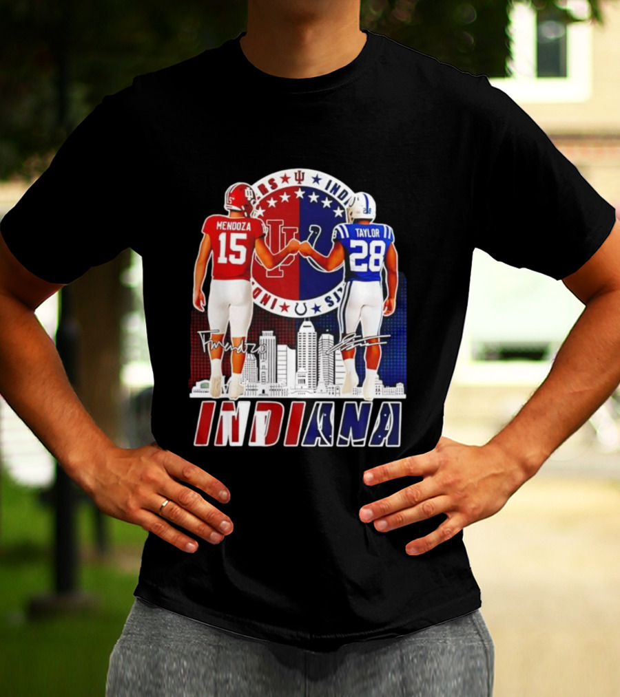 Indiana Hoosiers Mendoza 15 Indianapolis Colts Taylor 28 Signatures And City Skyline T-Shirt