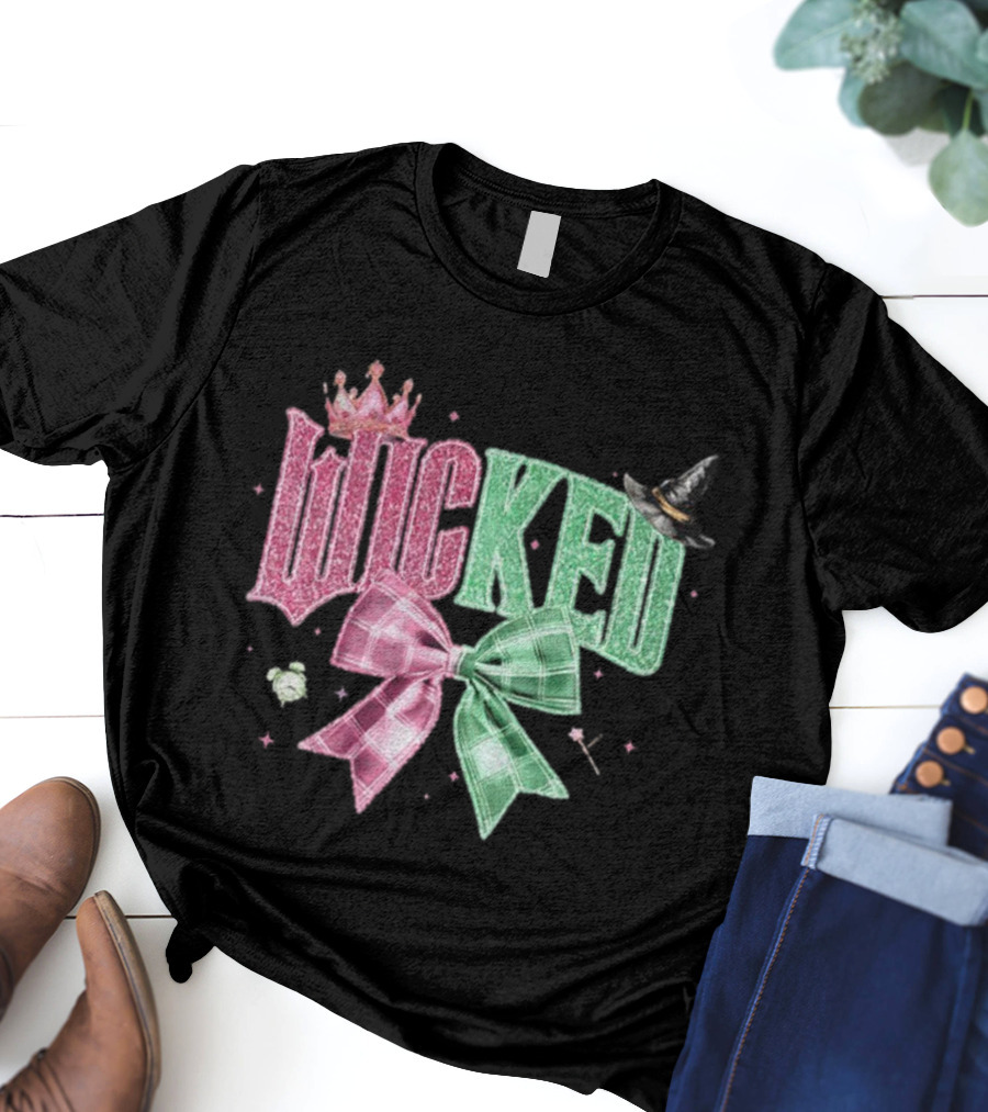 Wicked Musical Sparkle Pink Green Plaid Bow Witch Hat Princess Crown Halloween T-Shirt