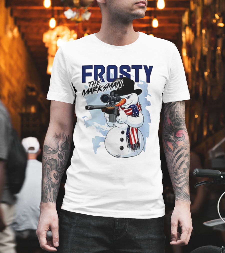 Frosty The Marksman Snowman USA Flag Scarf Sniper Hat T-Shirt