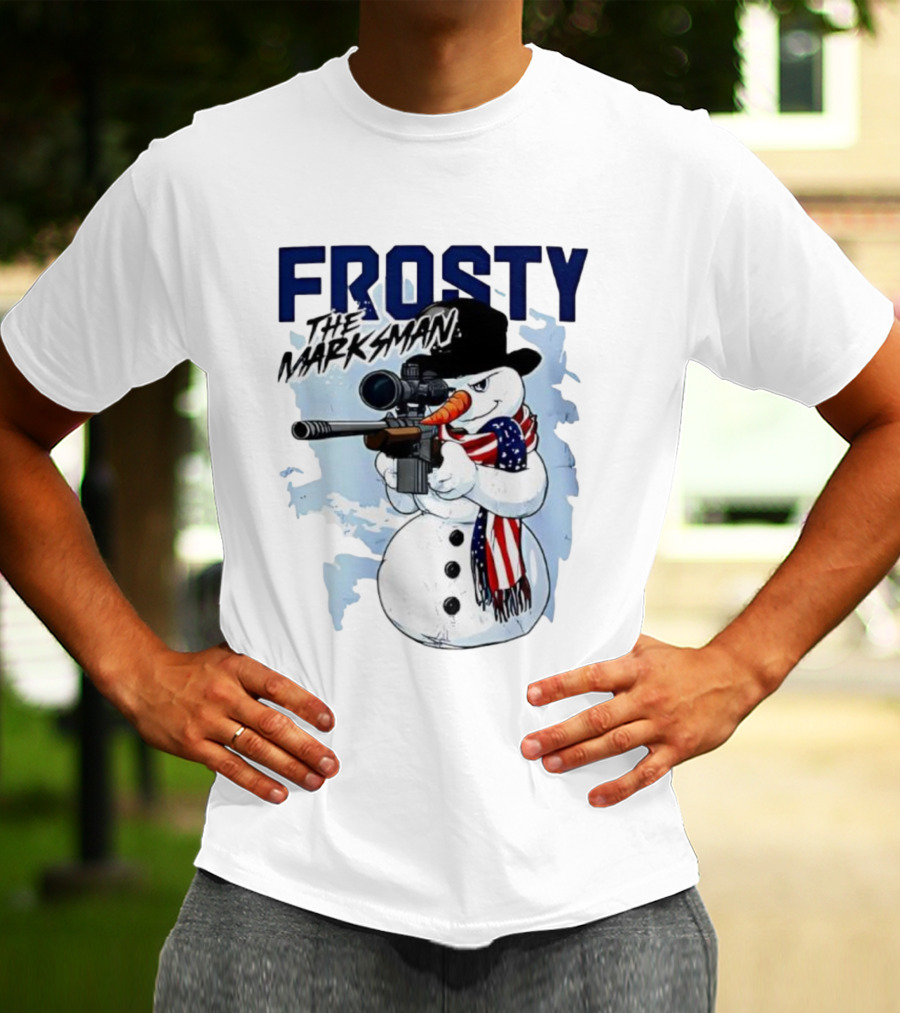 Frosty The Marksman Snowman USA Flag Scarf Sniper Hat T-Shirt