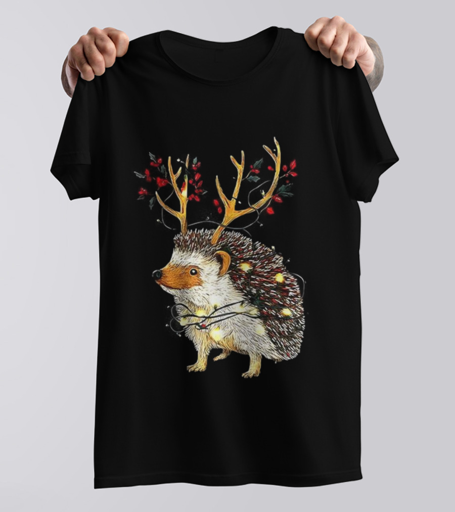 Hedgehog With Antlers Wearing String Of Lights Christmas Holiday Design T-Shirt
