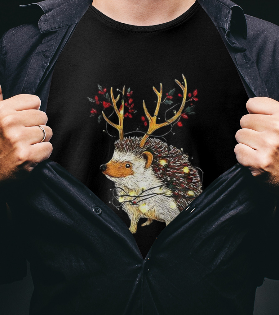 Hedgehog With Antlers Wearing String Of Lights Christmas Holiday Design T-Shirt