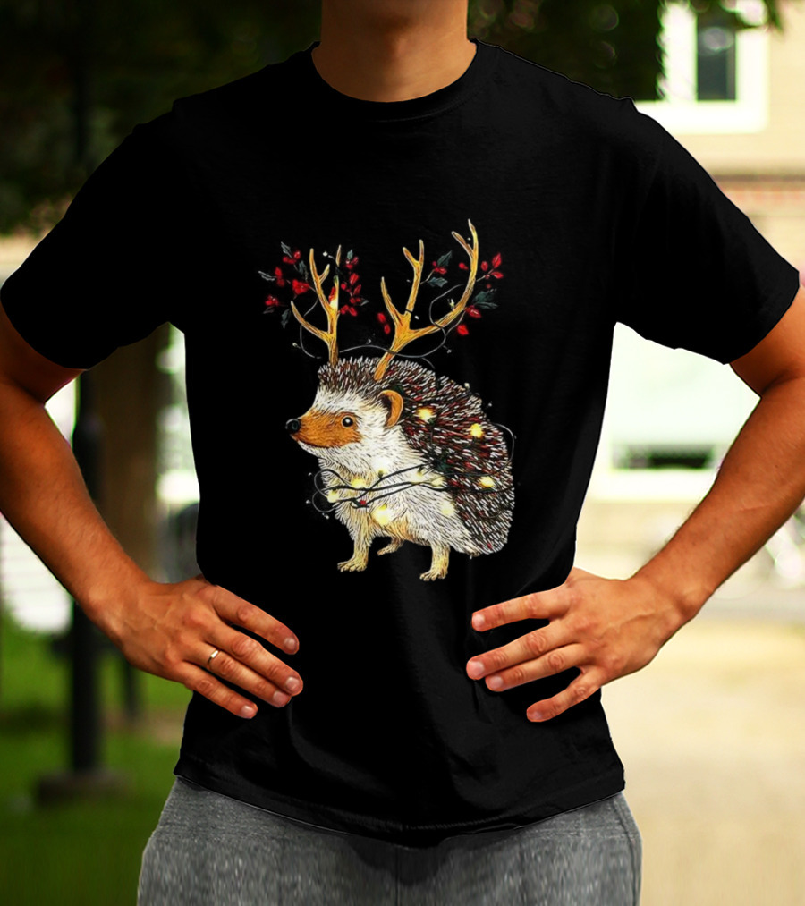 Hedgehog With Antlers Wearing String Of Lights Christmas Holiday Design T-Shirt