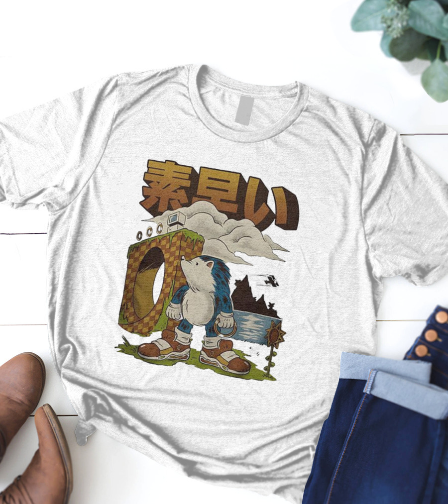 Hedgehog Retro Video Game Symbol Japanese Text T-Shirt