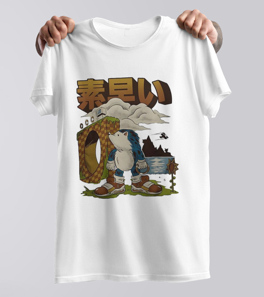 Hedgehog Retro Video Game Symbol Japanese Text T-Shirt