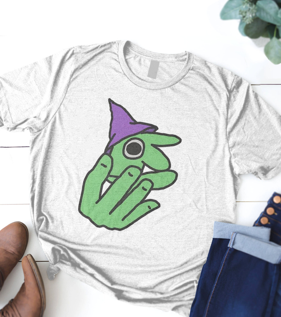 Glep Smiling Friends Character With Green Hand And Purple Hat T-Shirt