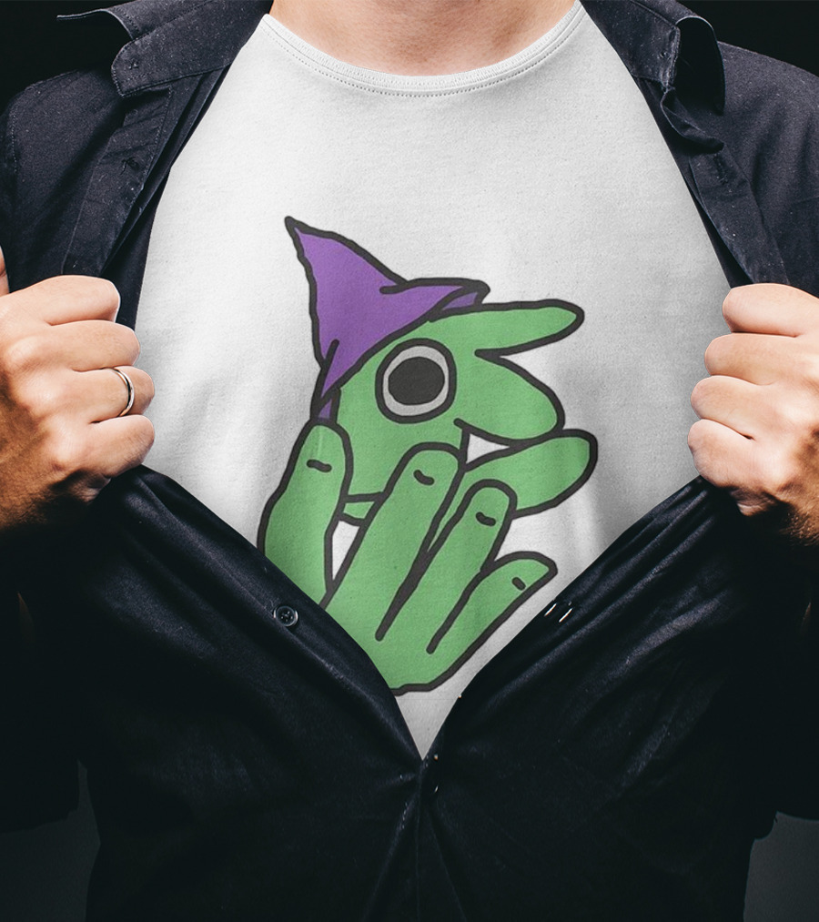Glep Smiling Friends Character With Green Hand And Purple Hat T-Shirt