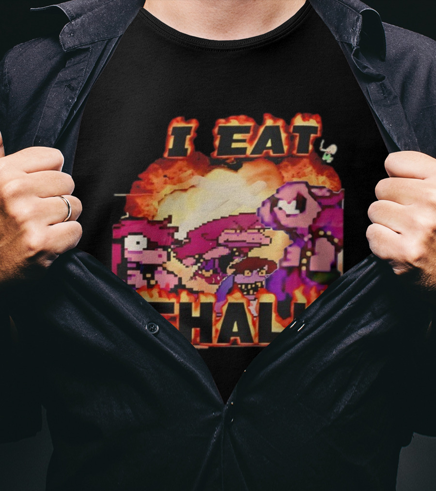 I Eat Chalk Pixel Characters Fire Background Design T-Shirt