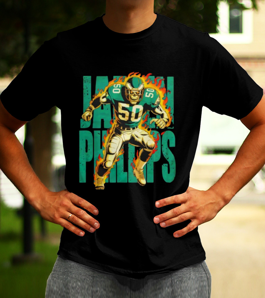 Jalen Phillips Skeleton Philadelphia Eagles Number 50 Flame Retro Style T-Shirt