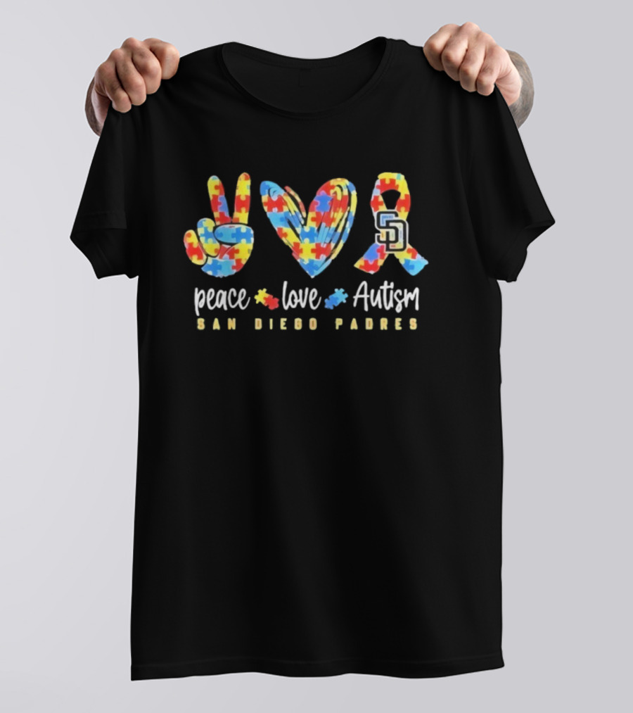 San Diego Padres Peace Love Autism Puzzle Ribbon T-Shirt