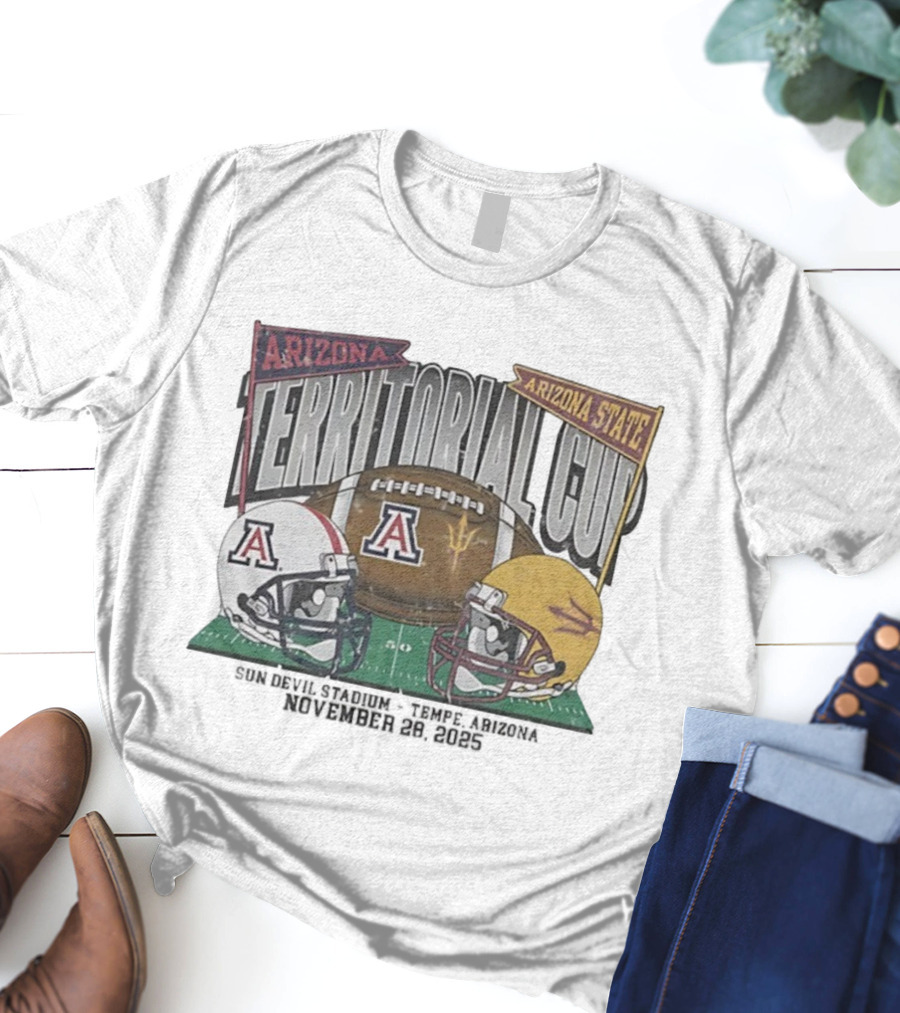 Arizona Wildcats Vs Arizona State Sun Devils Territorial Cup 2025 Tucson Arizona November 28 Football Helmets And Field Graphics T-Shirt