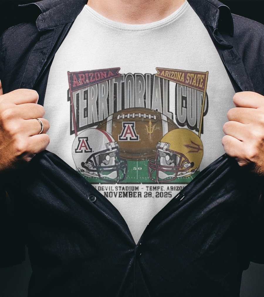 Arizona Wildcats Vs Arizona State Sun Devils Territorial Cup 2025 Tucson Arizona November 28 Football Helmets And Field Graphics T-Shirt