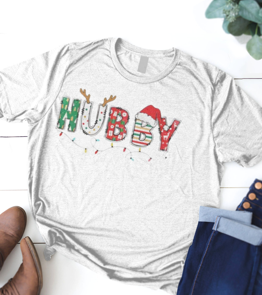 Hubby Christmas Antlers Santa Hat Lights Festive Design T-Shirt