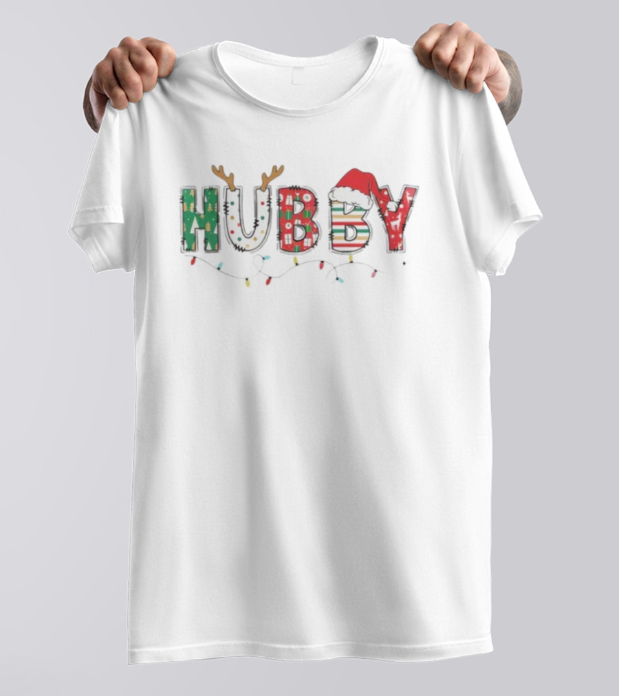Hubby Christmas Antlers Santa Hat Lights Festive Design T-Shirt