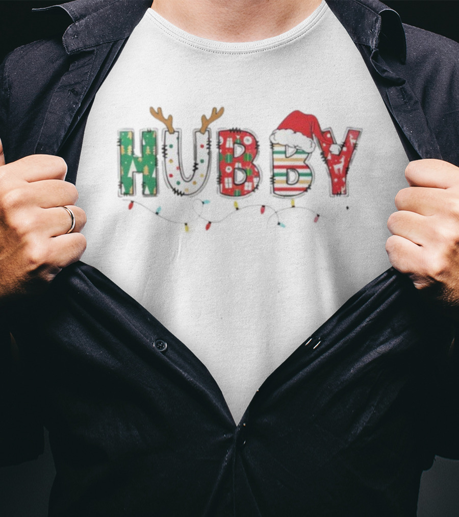 Hubby Christmas Antlers Santa Hat Lights Festive Design T-Shirt