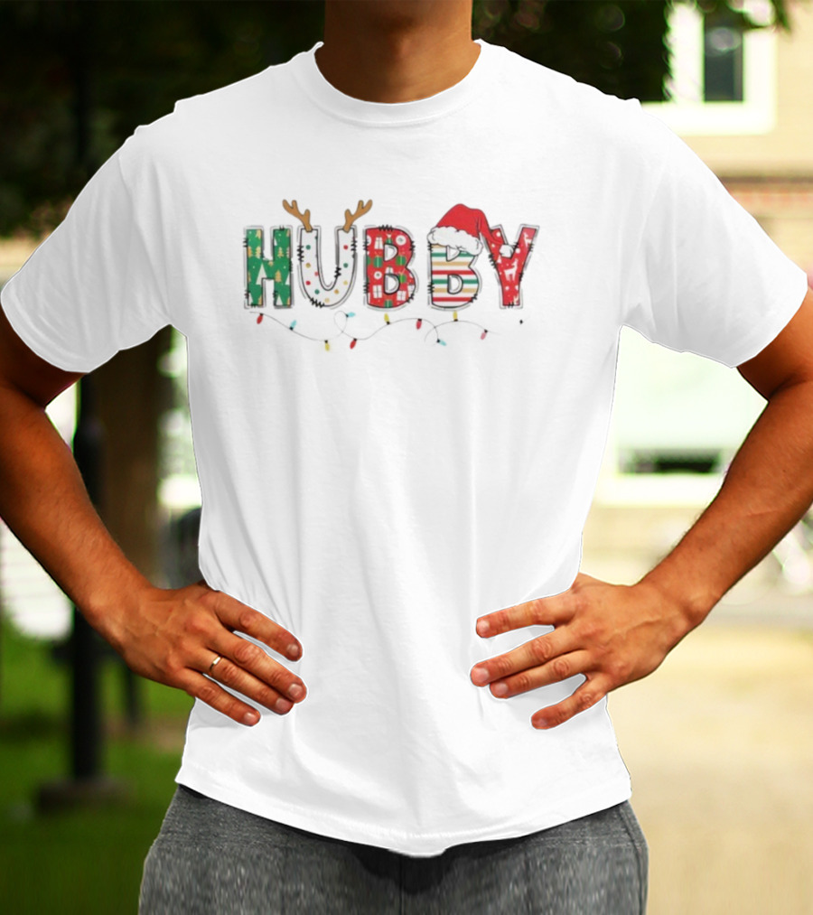 Hubby Christmas Antlers Santa Hat Lights Festive Design T-Shirt