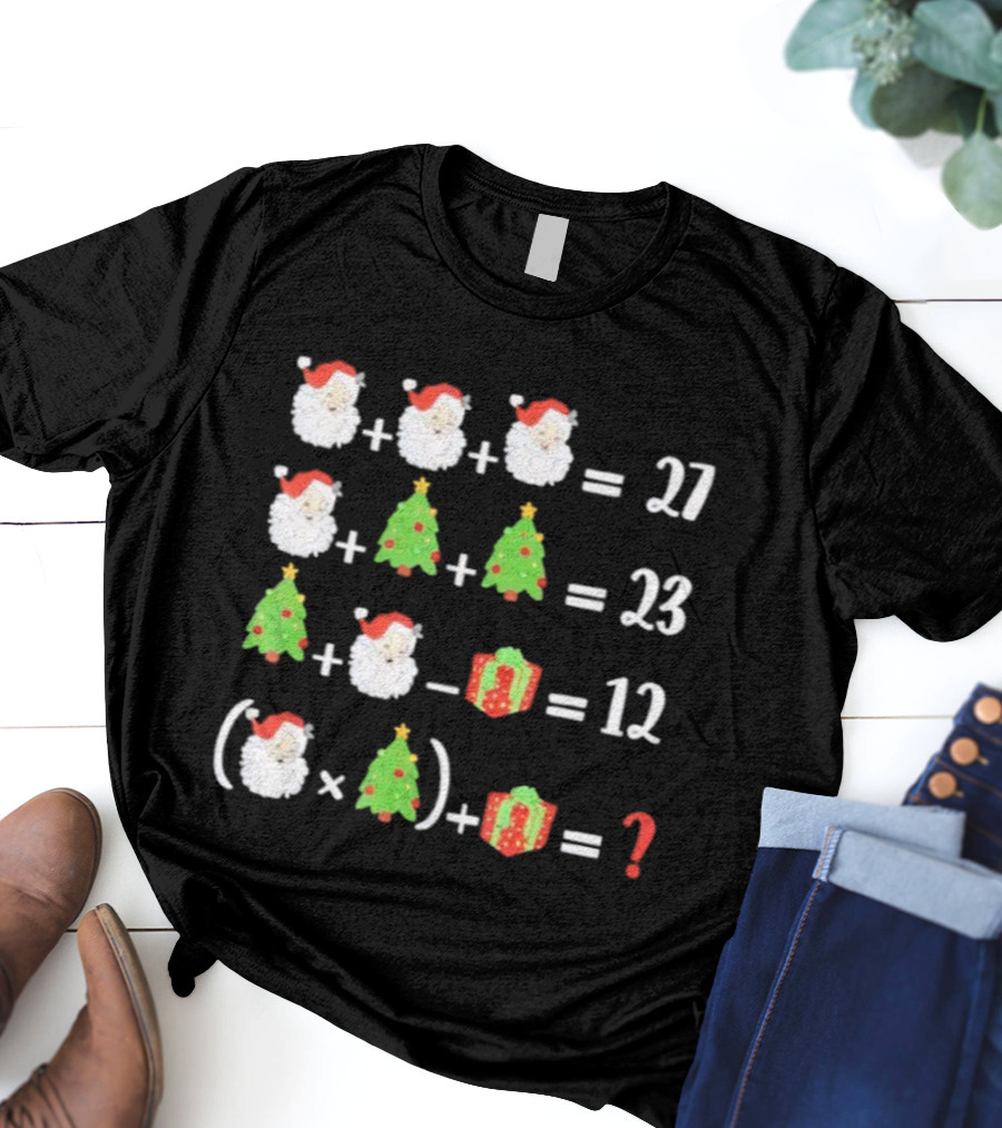 Santa Christmas Tree Gift Math Puzzle Equation 27 23 12 Question T-Shirt