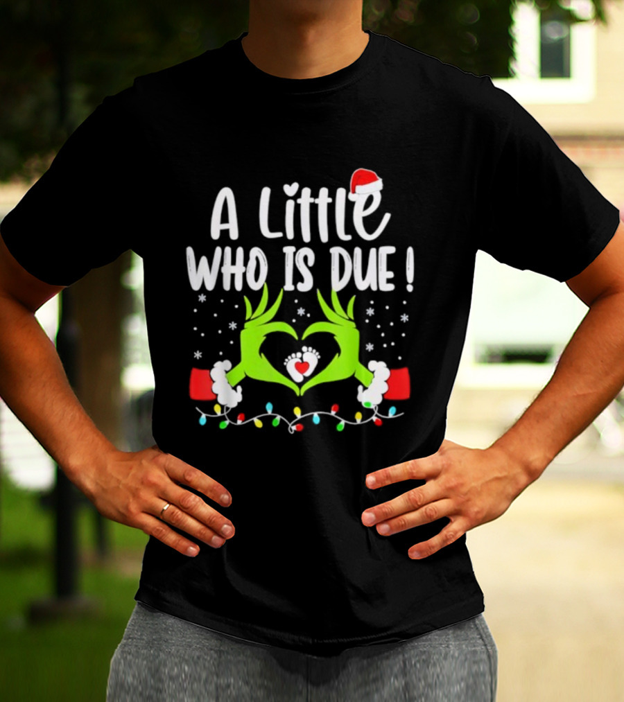 A Little Who Is Due Christmas Pregnancy Announcement Holiday Lights And Santa Hat T-Shirt
