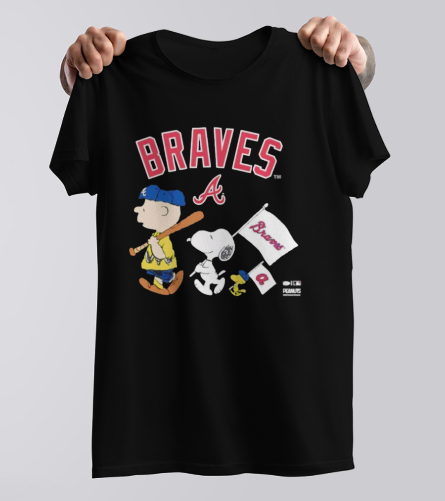 Atlanta Braves Peanuts Characters Snoopy Woodstock Charlie Brown Flag T-Shirt