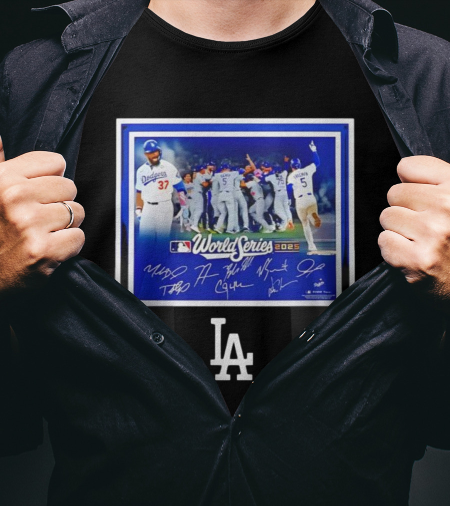 LA Dodgers World Series 2025 Autographed Signatures Celebration T-Shirt