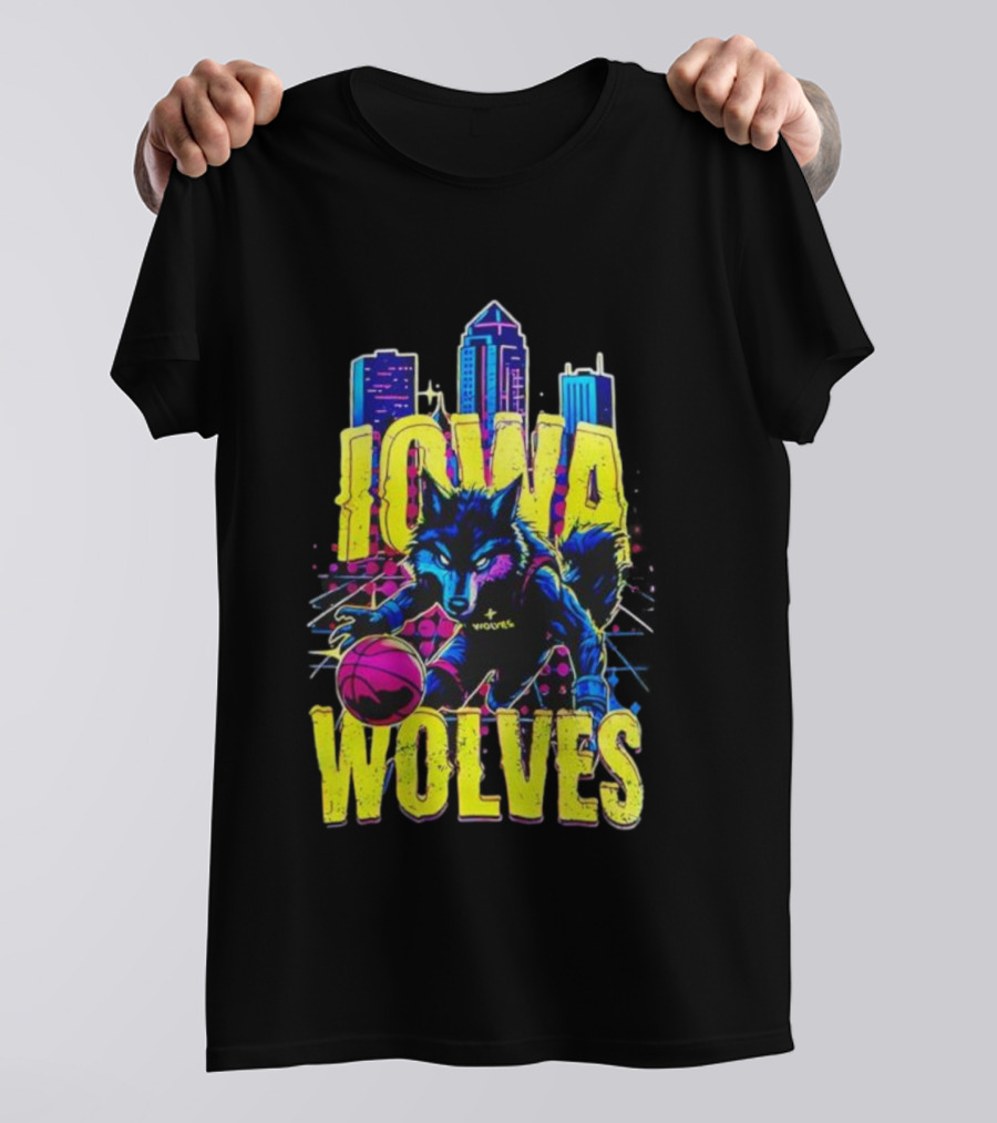Iowa Wolves Neon Basketball Wolf Skyline T-Shirt