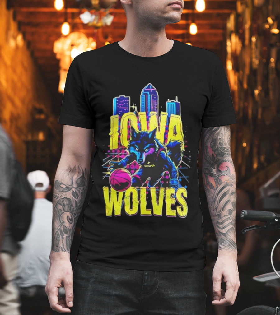 Iowa Wolves Neon Basketball Wolf Skyline T-Shirt