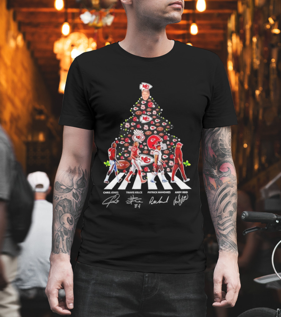 Kansas City Chiefs Abbey Road Christmas Tree With Player Signatures And Logos T-Shirt