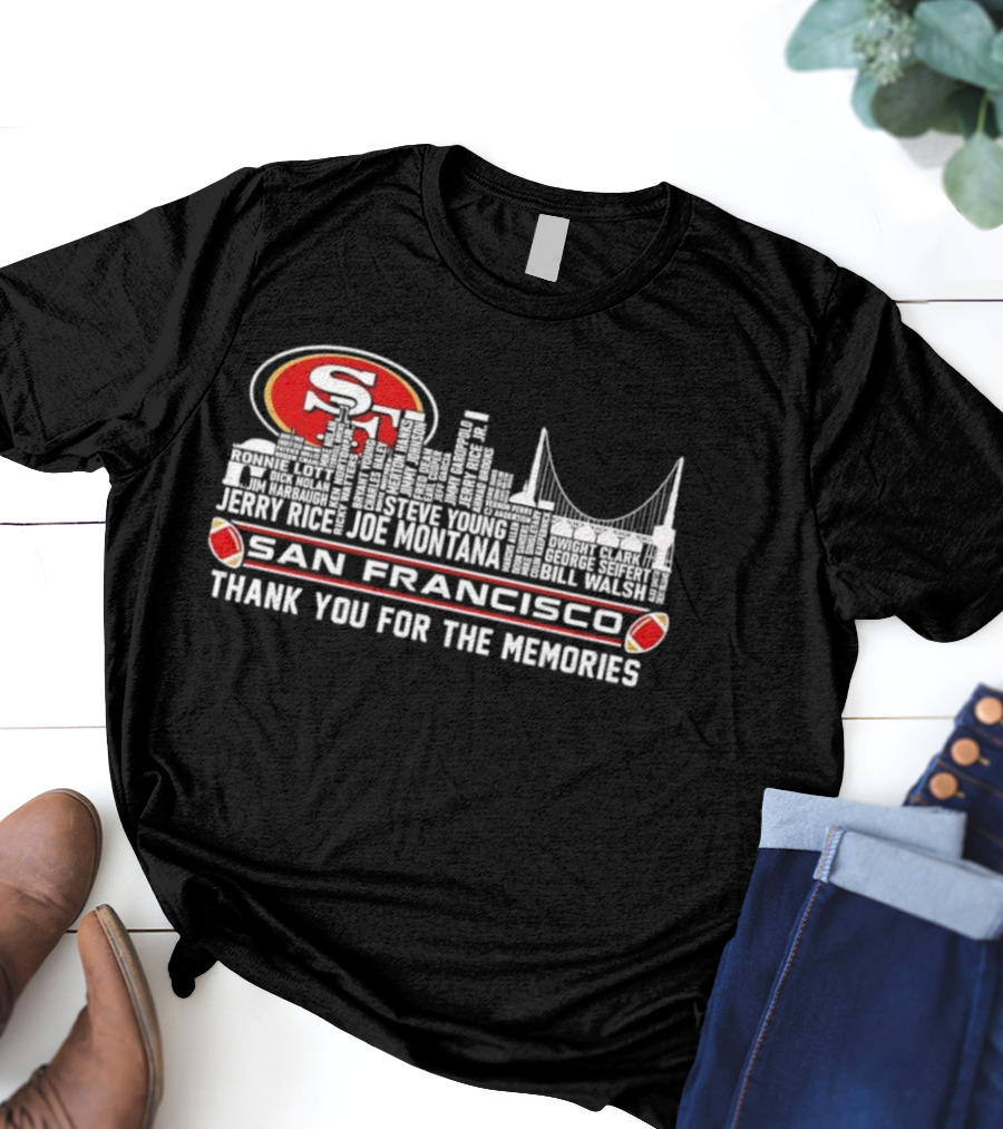 San Francisco 49ers Skyline Jerry Rice Joe Montana Legends Thank You For The Memories T-Shirt