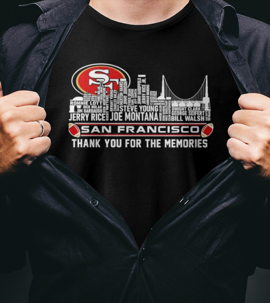 San Francisco 49ers Skyline Jerry Rice Joe Montana Legends Thank You For The Memories T-Shirt