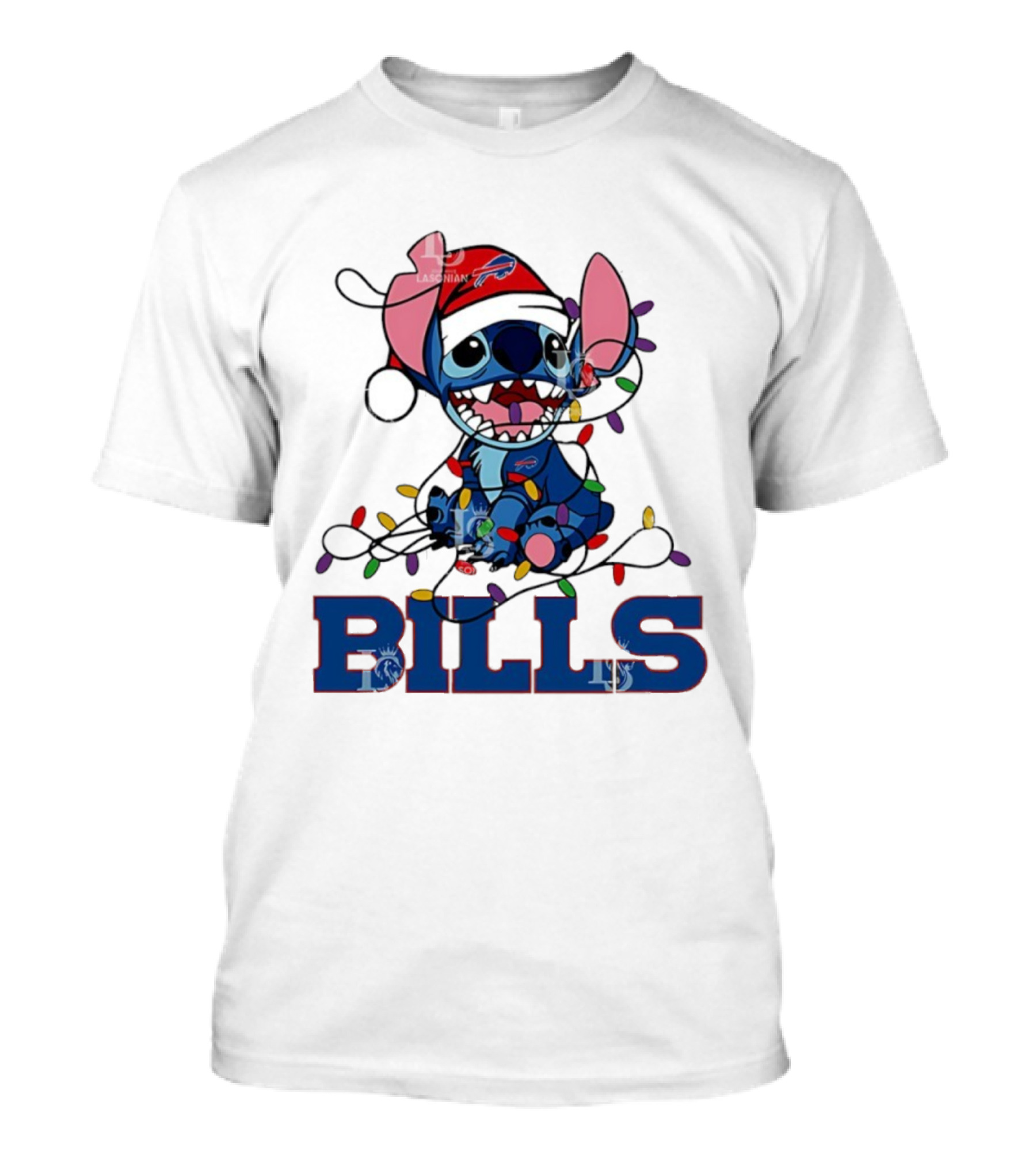 Buffalo Bills Christmas Lights With Stitch In Santa Hat T-Shirt