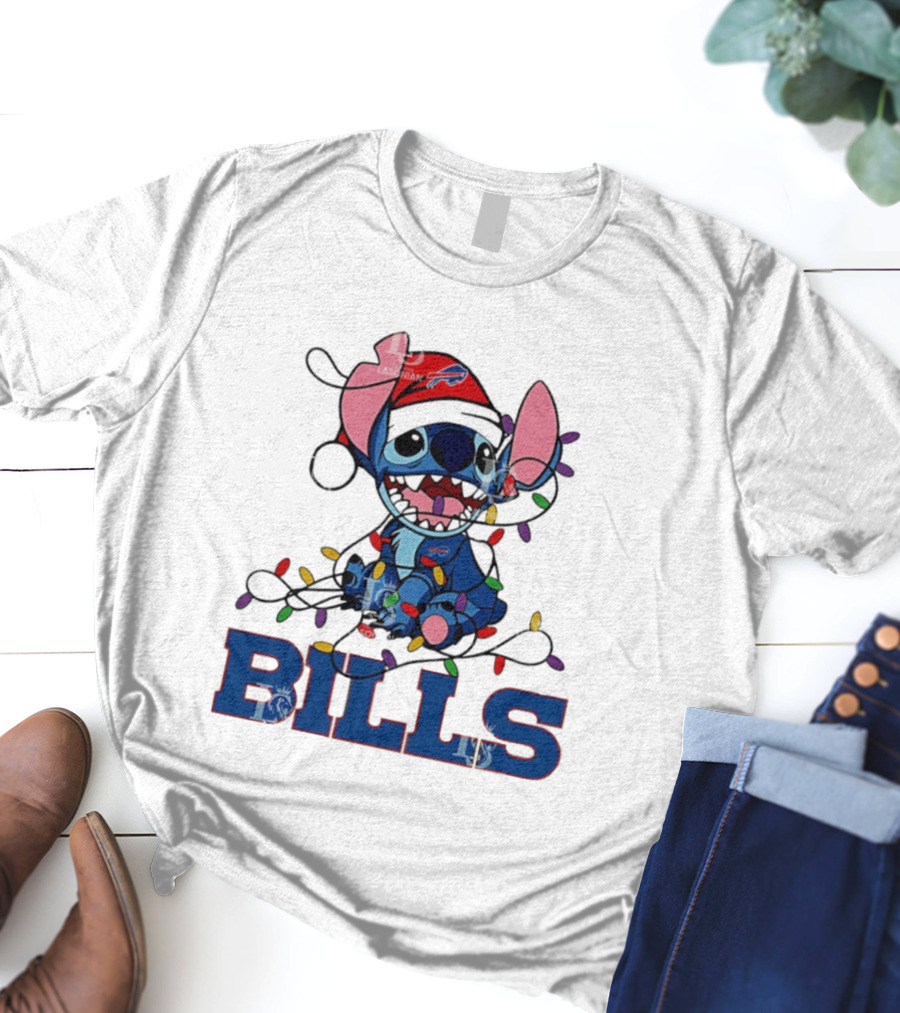 Buffalo Bills Christmas Lights With Stitch In Santa Hat T-Shirt