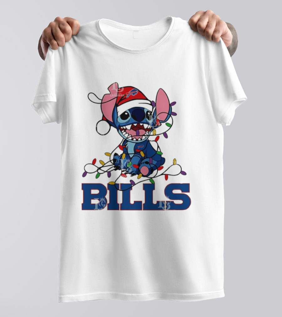 Buffalo Bills Christmas Lights With Stitch In Santa Hat T-Shirt