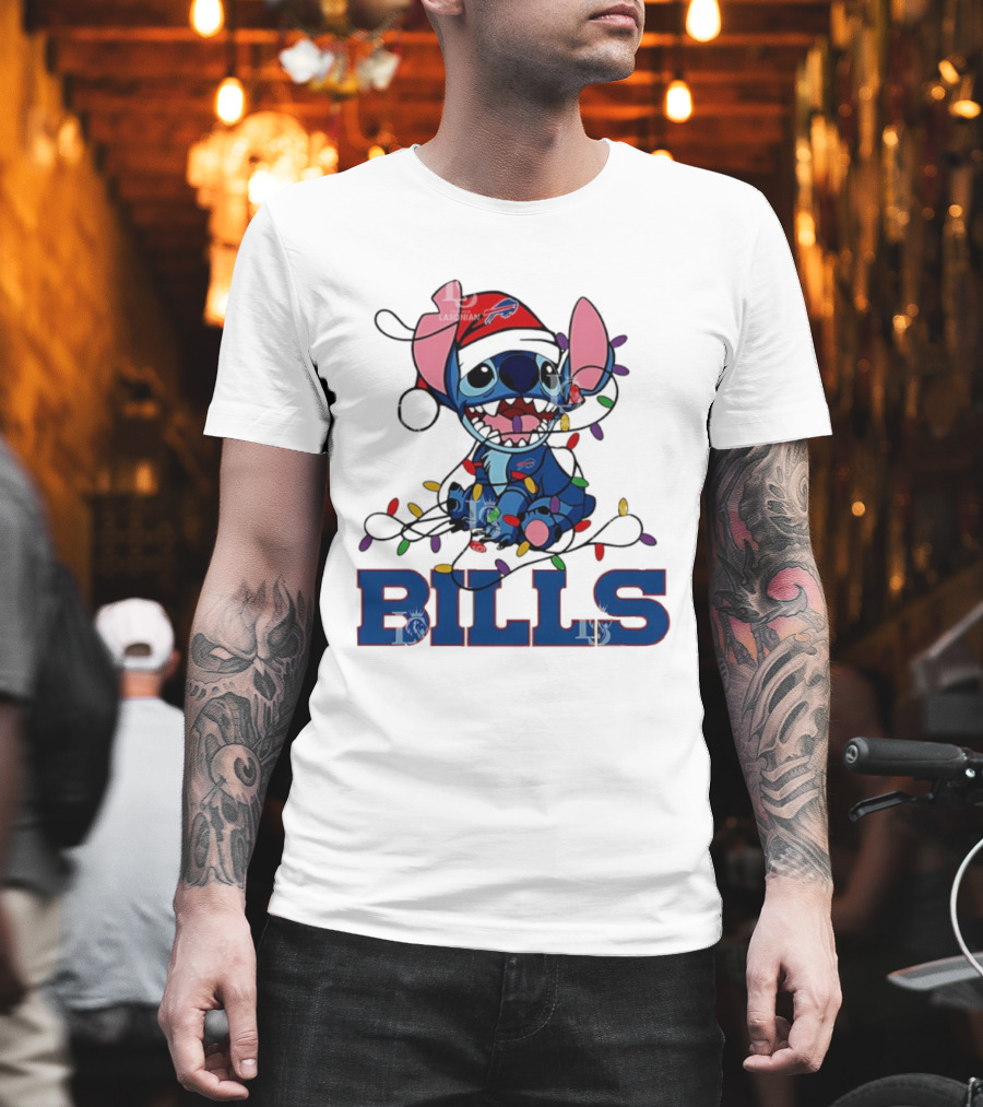 Buffalo Bills Christmas Lights With Stitch In Santa Hat T-Shirt