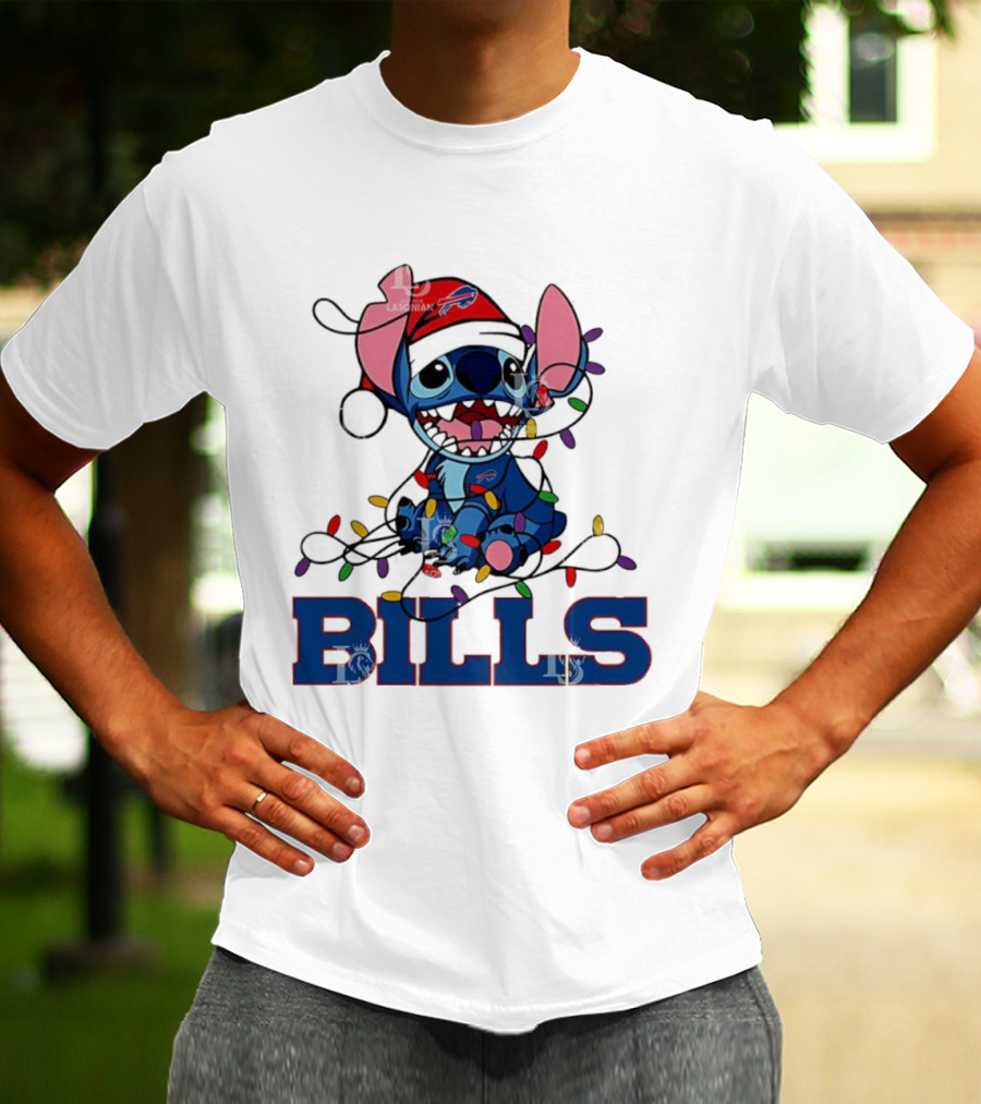 Buffalo Bills Christmas Lights With Stitch In Santa Hat T-Shirt
