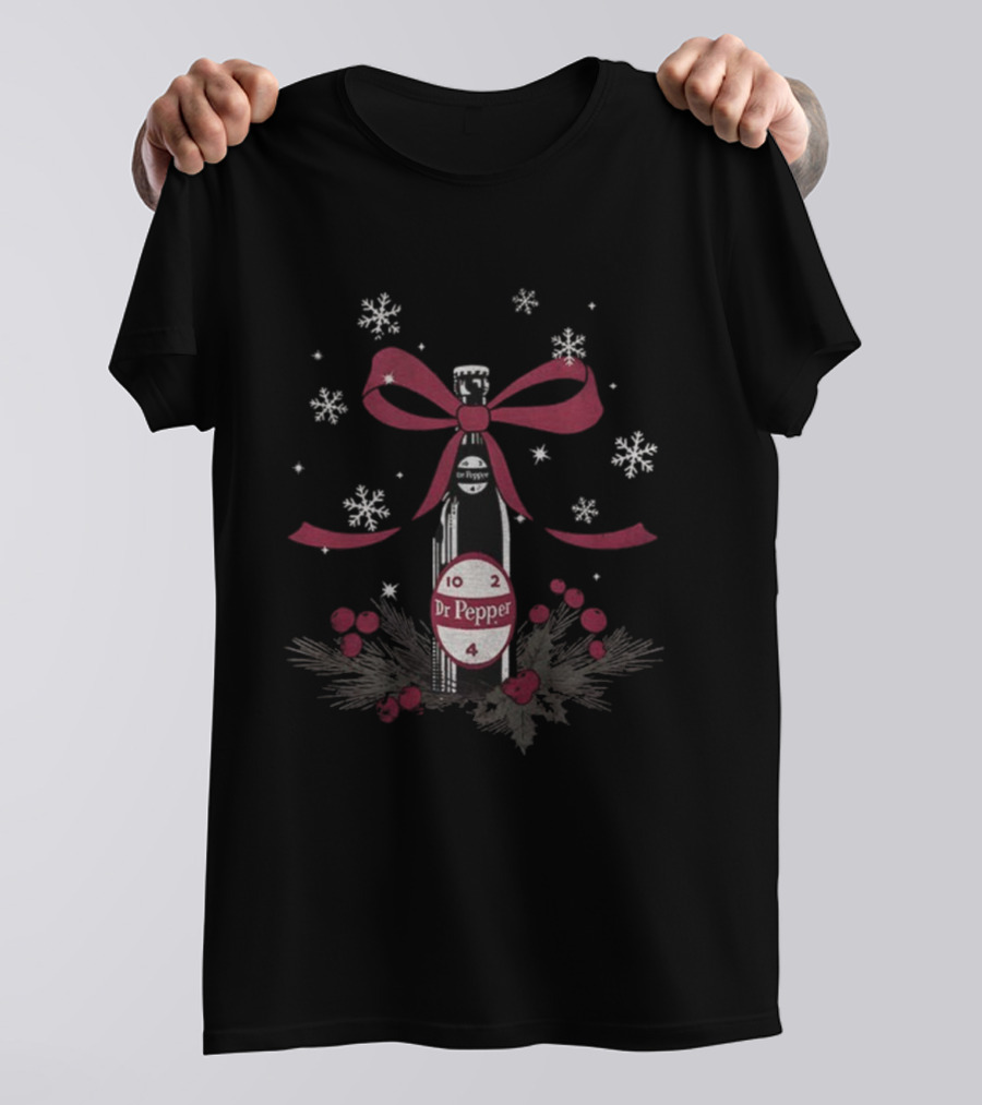 Dr Pepper Christmas Bow Bottle With Snowflakes And Berries T-Shirt