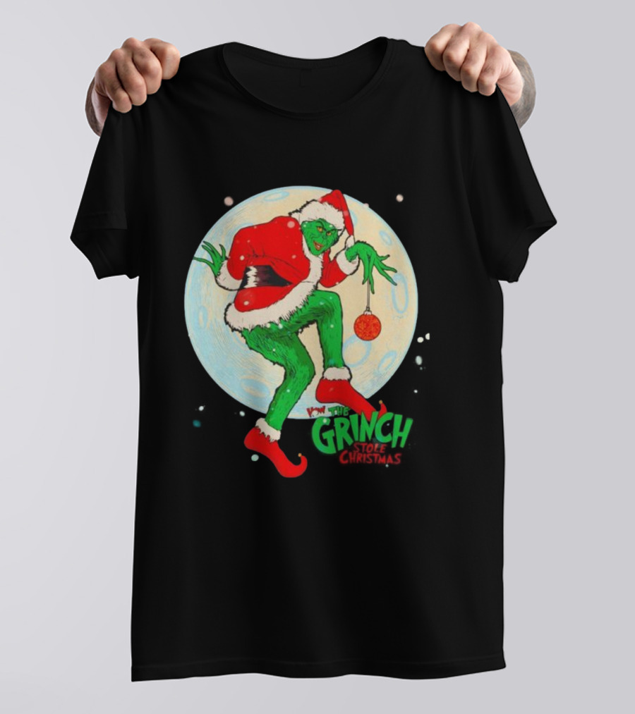 How The Grinch Stole Christmas Moon Scene With Ornament And Santa Suit T-Shirt