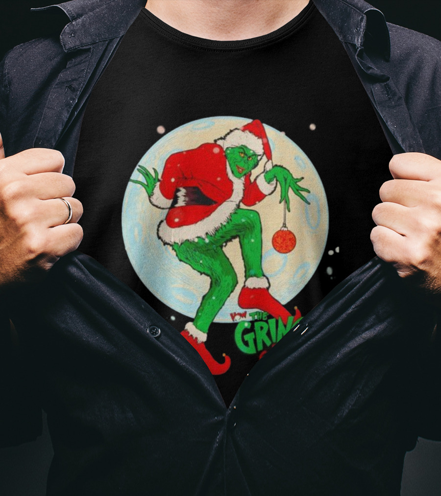 How The Grinch Stole Christmas Moon Scene With Ornament And Santa Suit T-Shirt