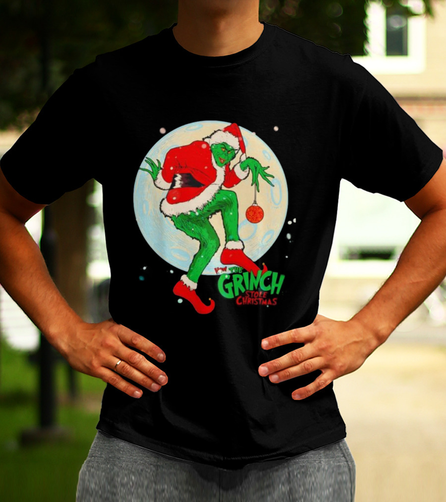 How The Grinch Stole Christmas Moon Scene With Ornament And Santa Suit T-Shirt
