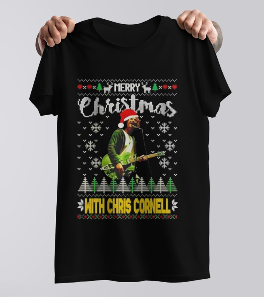 Merry Christmas With Chris Cornell Musician Santa Hat Guitar Snowflakes Trees T-Shirt