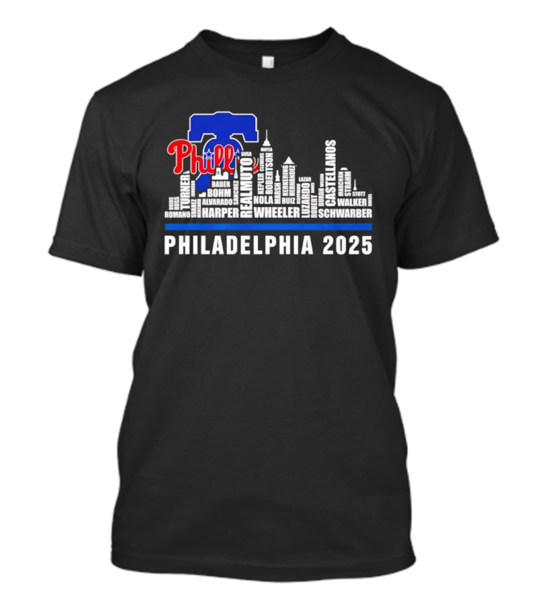 Philadelphia Phillies Skyline Bell Wheeler Nola Harper Realmuto Turner 2025 T-Shirt