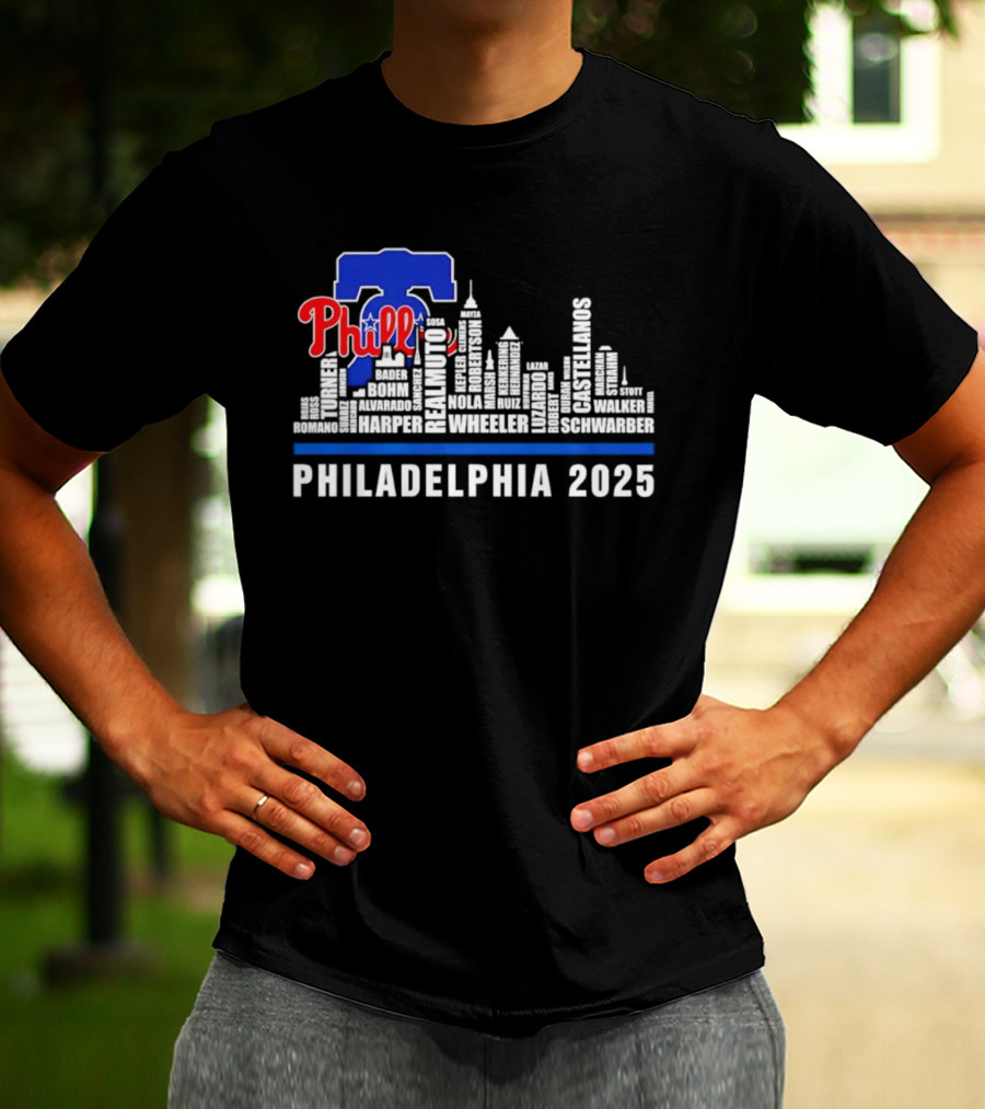 Philadelphia Phillies Skyline Bell Wheeler Nola Harper Realmuto Turner 2025 T-Shirt