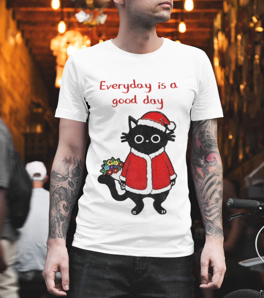 Everyday Is A Good Day Black Cat Santa Merry Christmas T-Shirt