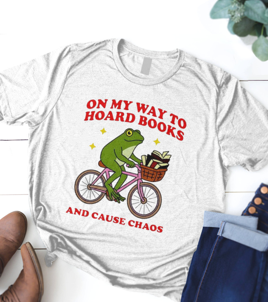 Frog On Bicycle Journey To Hoard Books And Cause Chaos T-Shirt