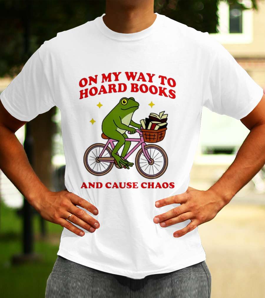 Frog On Bicycle Journey To Hoard Books And Cause Chaos T-Shirt
