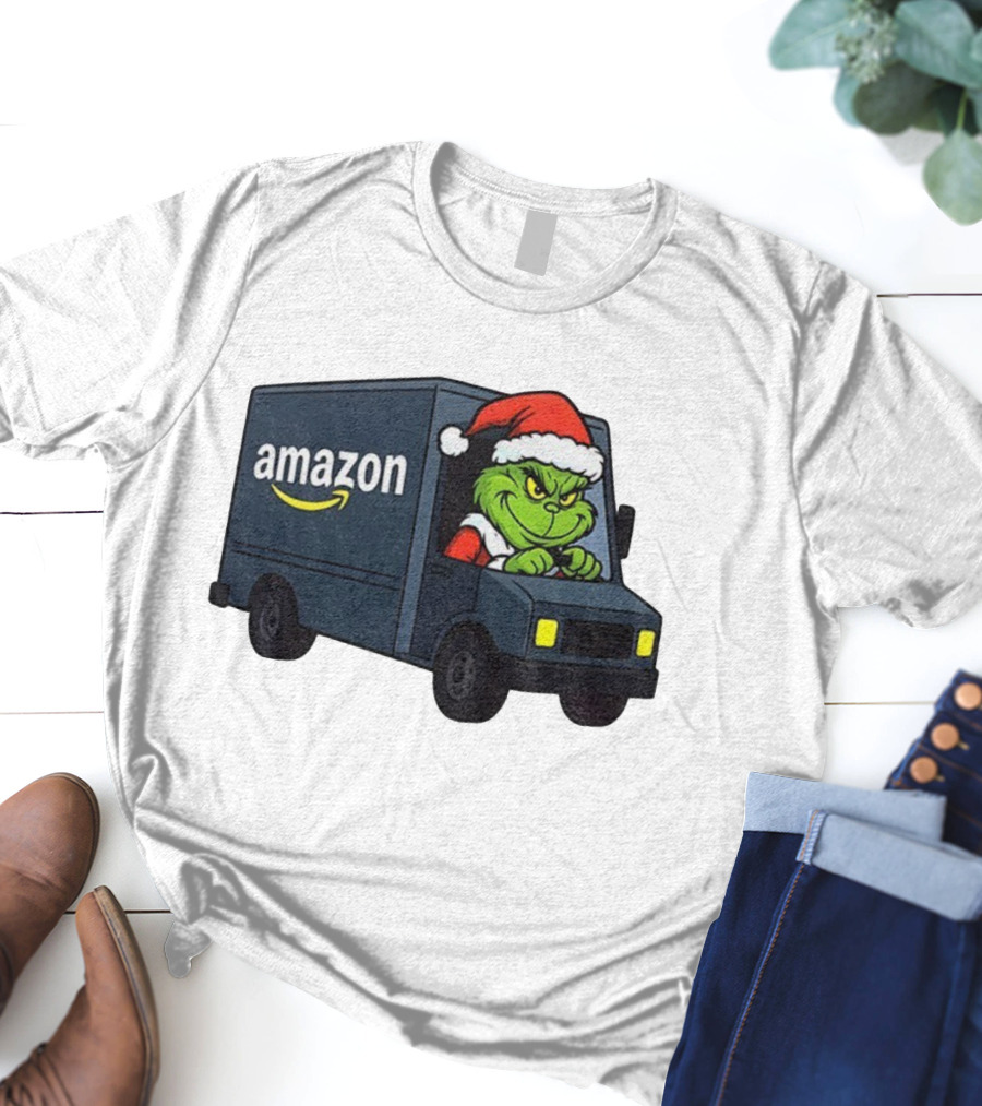 Grinch Santa Claus Driving Amazon Truck Merry Christmas Humor T-Shirt