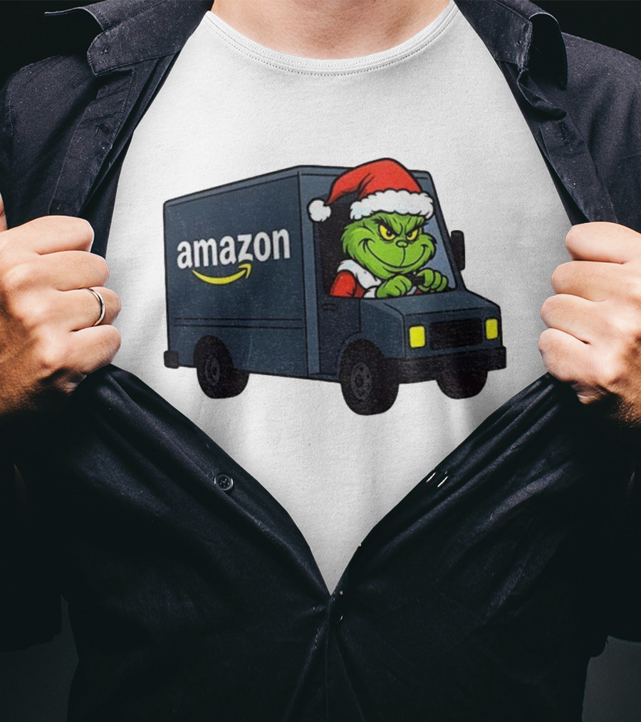 Grinch Santa Claus Driving Amazon Truck Merry Christmas Humor T-Shirt