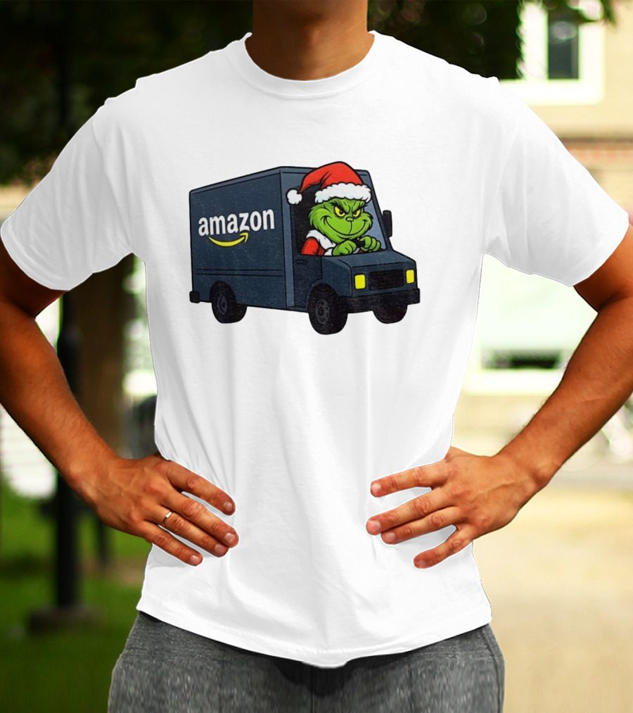 Grinch Santa Claus Driving Amazon Truck Merry Christmas Humor T-Shirt