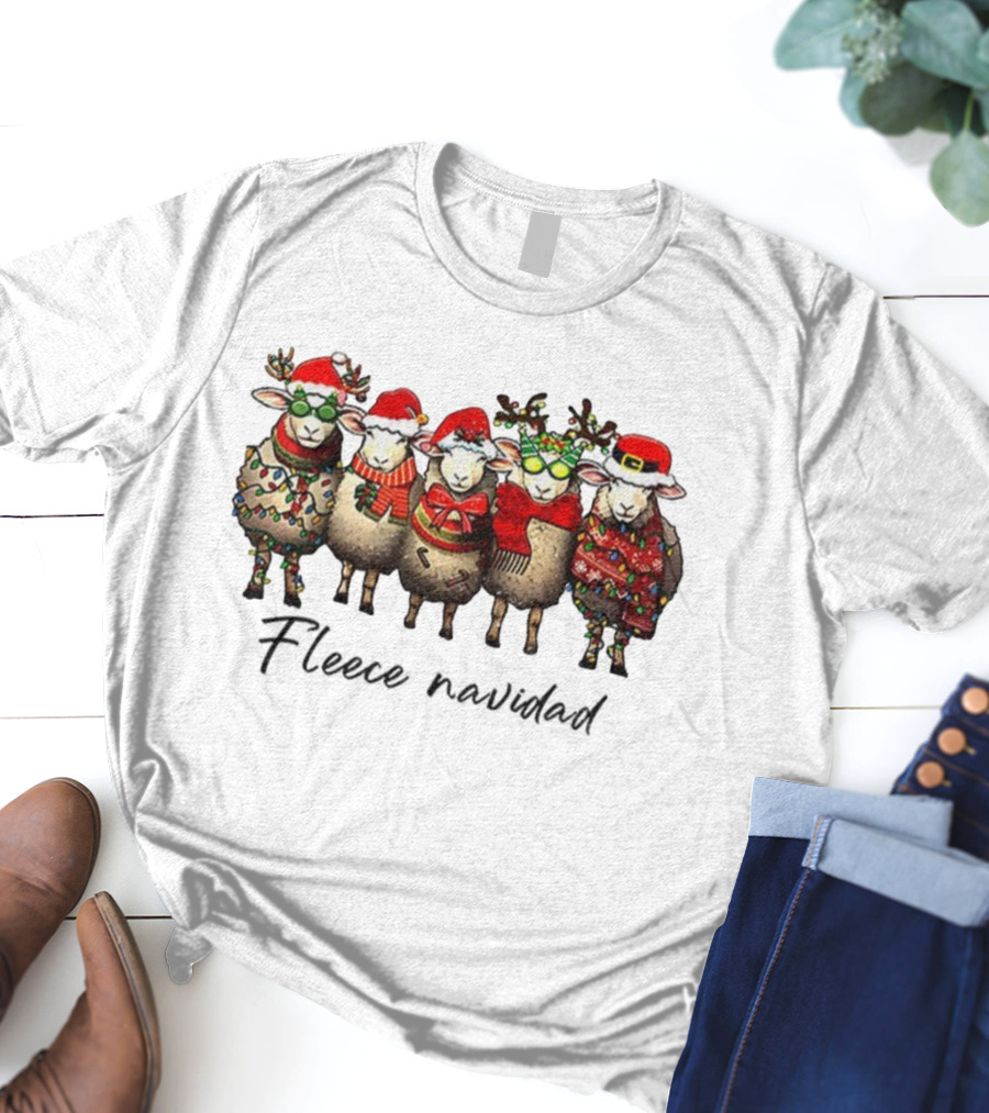 Fleece Navidad Merry Christmas Sheep Santa Hat Holiday Sweater Lights T-Shirt