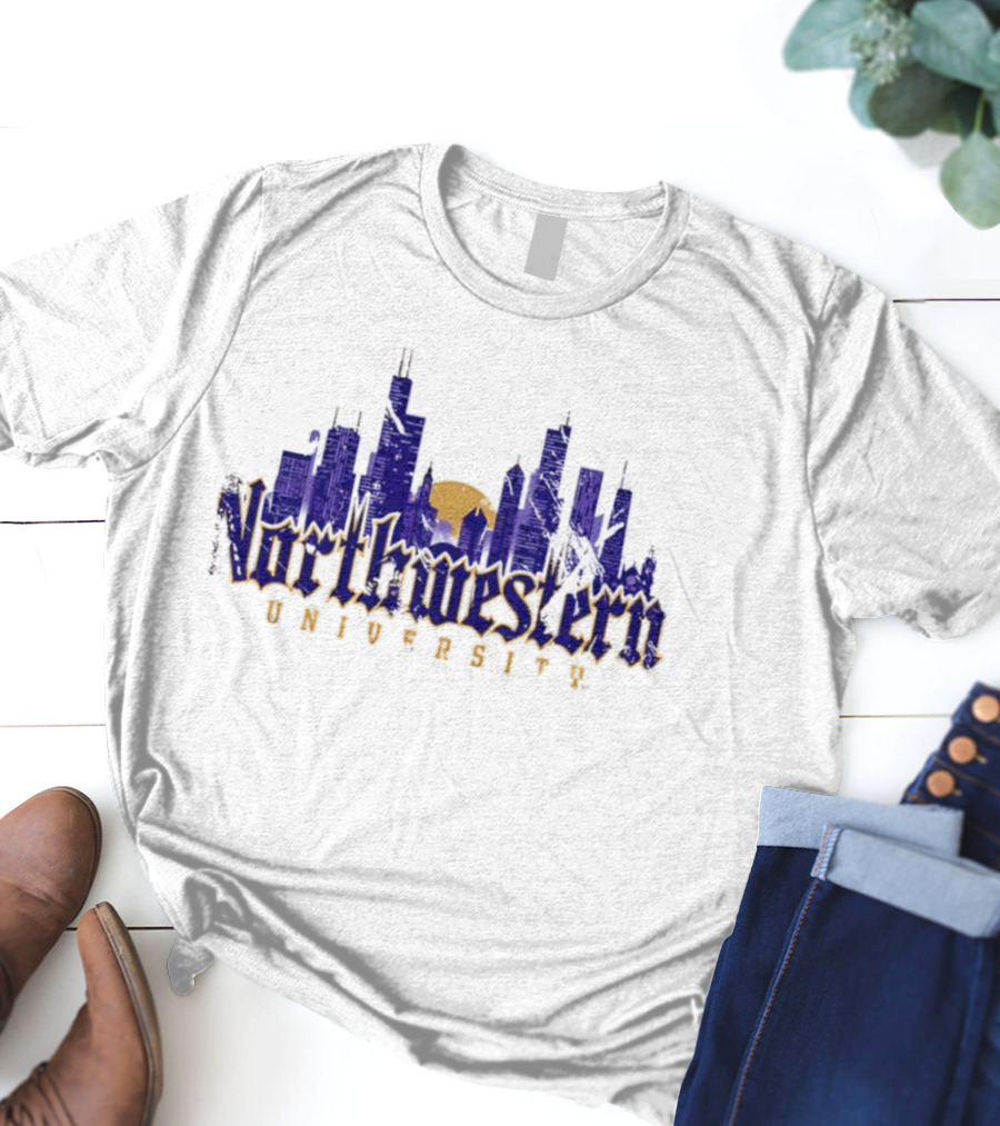 Northwestern University Chicago Skyline Gothic Style T-Shirt