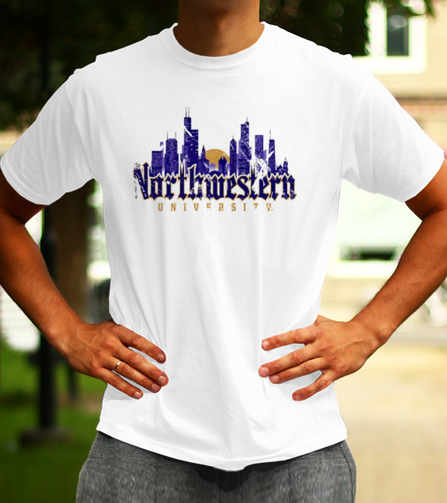 Northwestern University Chicago Skyline Gothic Style T-Shirt